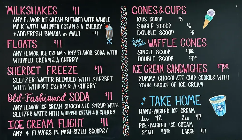 Black chalkboard with menu for specialties like milkshakes, floats, soda, cones, and ice cream sandwiches
