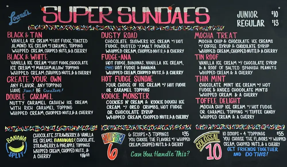 Black chalkboard with menu for sundaes