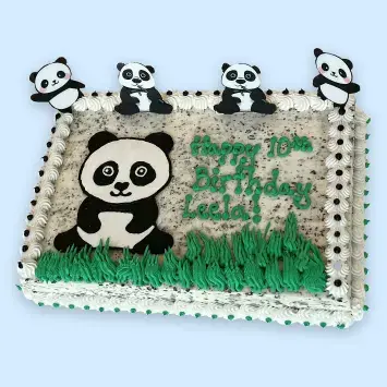 Sheet cake decorated with custom panda images and a birthday message
