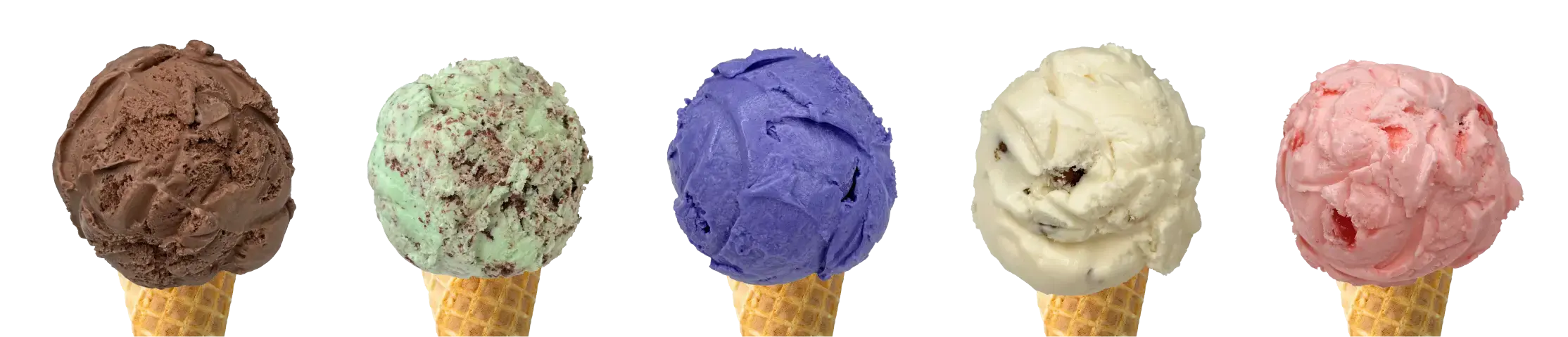 Assorted ice cream scoops on cones