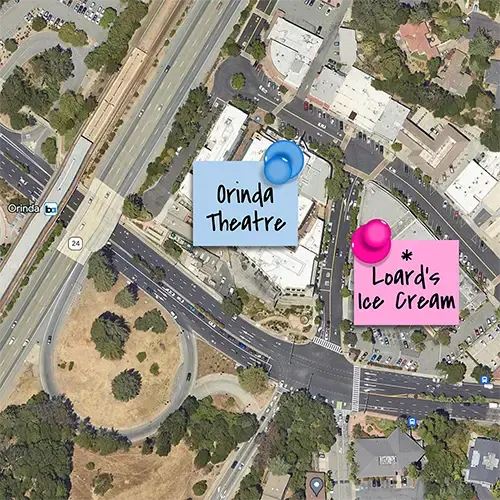 Map of Orinda, CA showing Loard's Ice Cream Parlor, Orinda Theatre, and Orinda Bart station