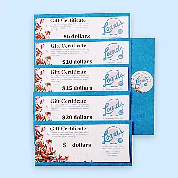 Blue envelope with Loard's gift certificates