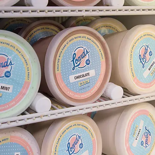 Half-gallon containers of pre-packed ice cream in the cooler